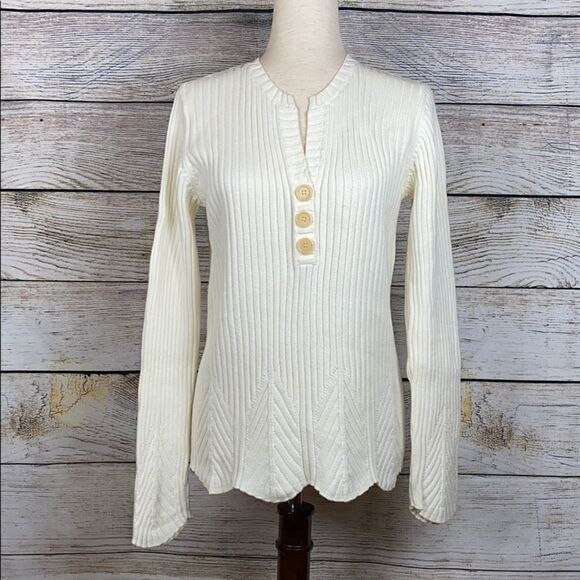 JONES NEW YORK SPORT Cotton Cream Rib Knit Sweater V-neck made in Australia M-L - Picture 1 of 9